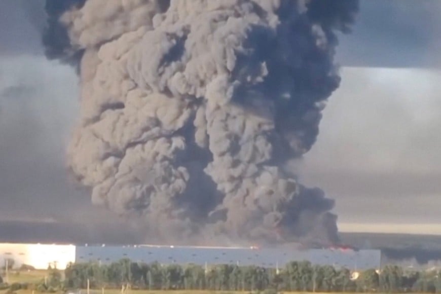 Smoke billows from a warehouse, after deadly Ukrainian drone attacks, as per regional governors, in Elektrostal, Moscow Region, Russia, July 18, 2026, in this screen grab obtained from a social media video. Social Media/via REUTERS THIS IMAGE HAS BEEN SUPPLIED BY A THIRD PARTY. MANDATORY CREDIT. NO RESALES. NO ARCHIVES. NEWS USE ONLY.
Verification lines:
- Warehouse, buildings, and vegetation matched satellite imagery.
- Date verified by statement from the governor of the Moscow region, Andrei Vorobyov, who said 24 people were injured following a drone attack on another Wildberries warehouse in Elektrostal, a city east of Moscow.
- NASA Firms detected thermal activity in the area on the morning of July 18 and fire was seen on video.
