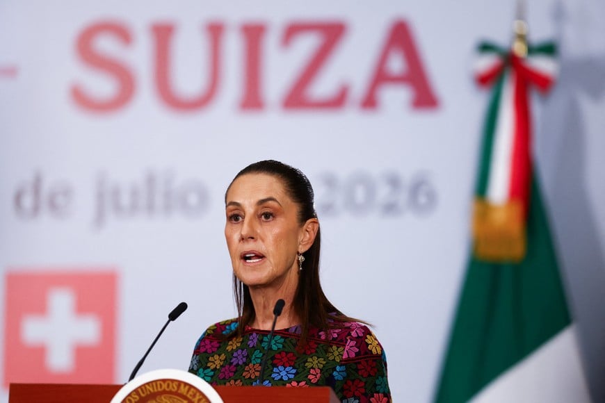 Mexican President Claudia Sheinbaum attends a press conference with Swiss Federal President Guy Parmelin (not pictured) at the National Palace in Mexico City, Mexico, July 8, 2026. REUTERS/Daniel Becerril