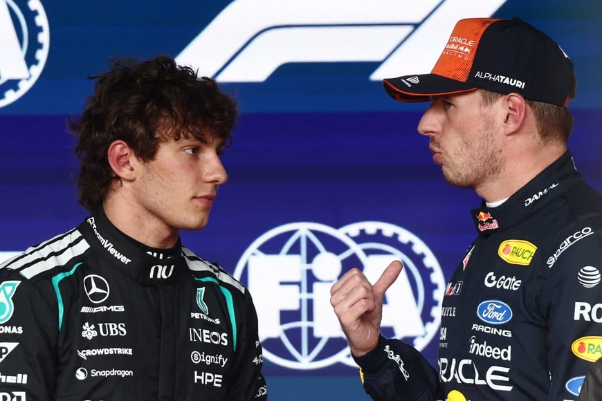Formula One F1 - Belgian Grand Prix - Circuit de Spa-Francorchamps, Stavelot, Belgium - July 18, 2026
Mercedes' Andrea Kimi Antonelli speaks with second placed Red Bull's Max Verstappen after qualifying in pole positon REUTERS/Jakub Porzycki
