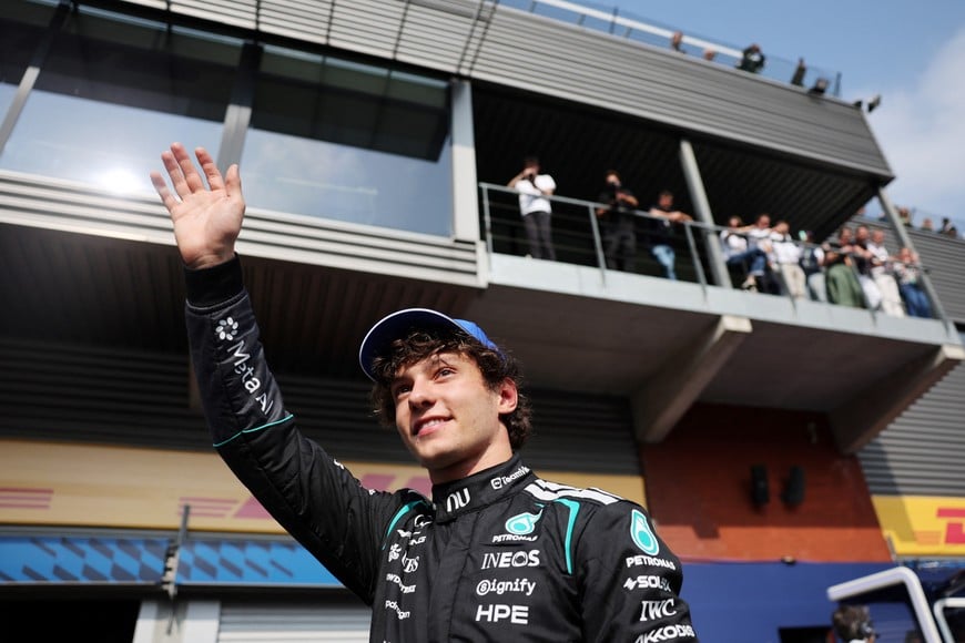 Formula One F1 - Belgian Grand Prix - Circuit de Spa-Francorchamps, Stavelot, Belgium - July 18, 2026
Mercedes' Andrea Kimi Antonelli celebrates after qualifying in pole position REUTERS/Jakub Porzycki