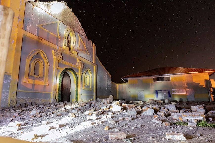 The debris of a local church following the earthquake of magnitude 5.6 that struck Central Peru on Saturday, in Chongos Bajo, Peru, July 19, 2026. Picture taken with a long exposure. REUTERS/Yershon Vilca