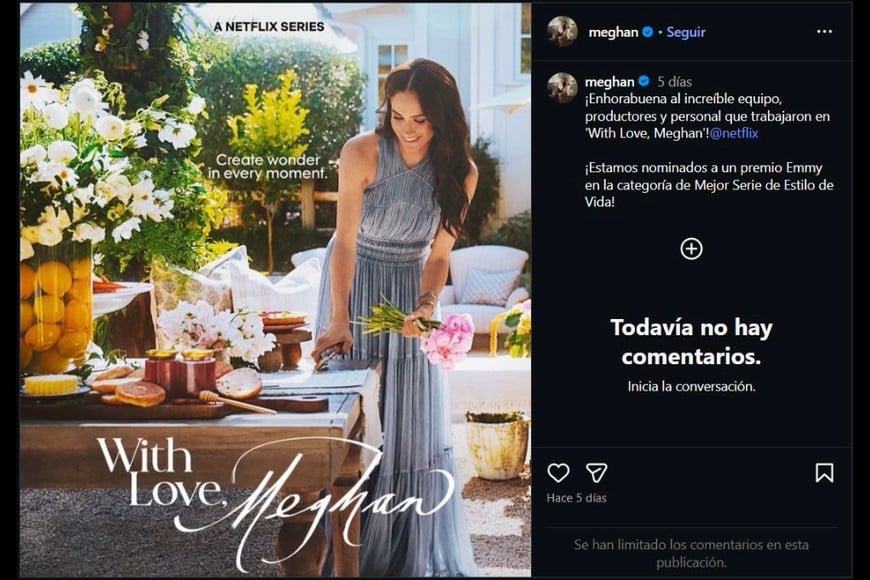 “¡Muchísimas felicidades al increíble equipo, productores y colaboradores de With Love, Meghan en Netflix! ¡Estamos nominados al Emmy!”, manifestó la duquesa.