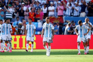 Soccer Football - FIFA World Cup 2026 - Final - Spain v Argentina - New York/New Jersey Stadium, East Rutherford, New Jersey, U.S. - July 19, 2026
Argentina's Alexis Mac Allister reacts after Spain's Ferran Torres scored their first goal REUTERS/Agustin Marcarian