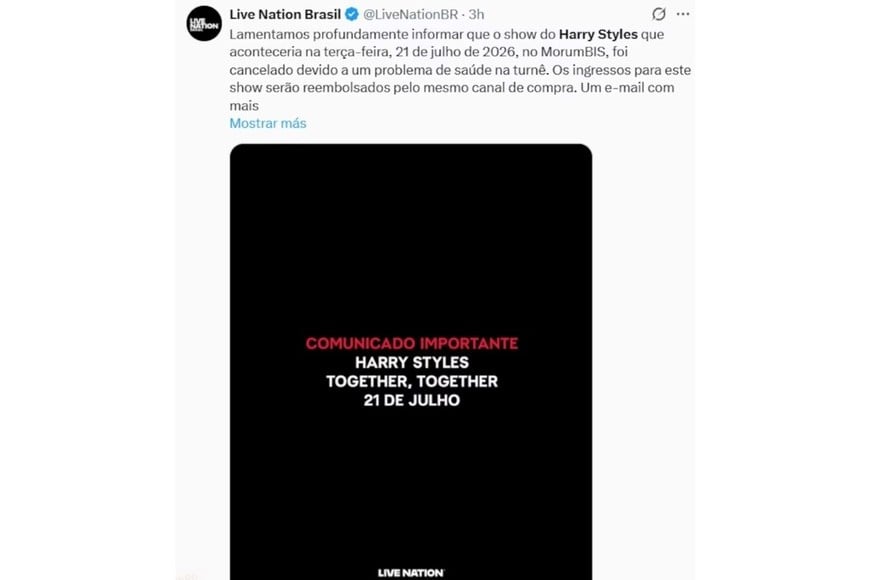 El comunicado de Live Nation.