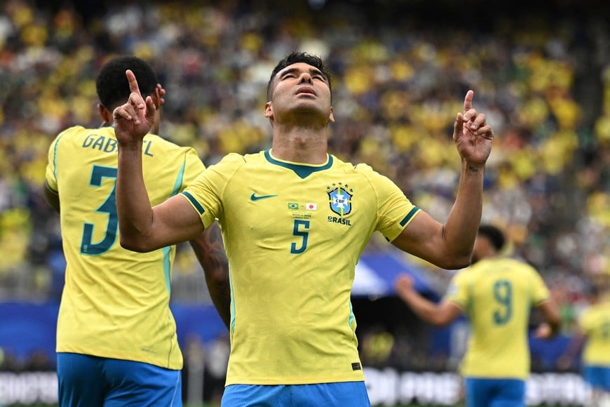 Soccer Football - FIFA World Cup 2026 - Round of 32 - Brazil v Japan - Houston Stadium, Houston, Texas, U.S. - June 29, 2026
Brazil's Casemiro celebrates scoring their first goal REUTERS/Annegret Hilse