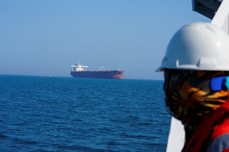 The Malta-flagged tanker Agios Fanourios I, an oil tanker that sailed through the Strait of Hormuz, arrives in Iraq’s territorial waters off Basra,Iraq April 17, 2026. REUTERS/Mohammed Aty