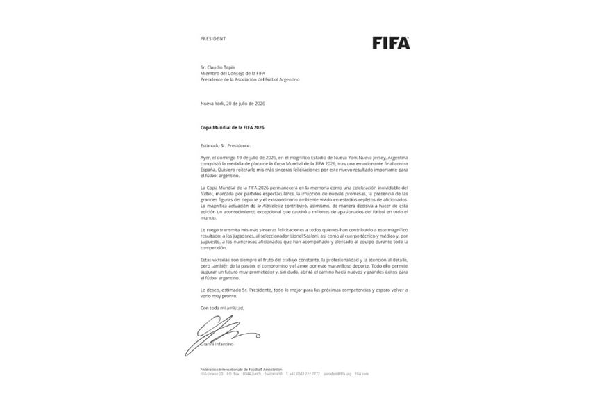 La carta de Gianni Infantino a la Selección argentina por el subcampeonato