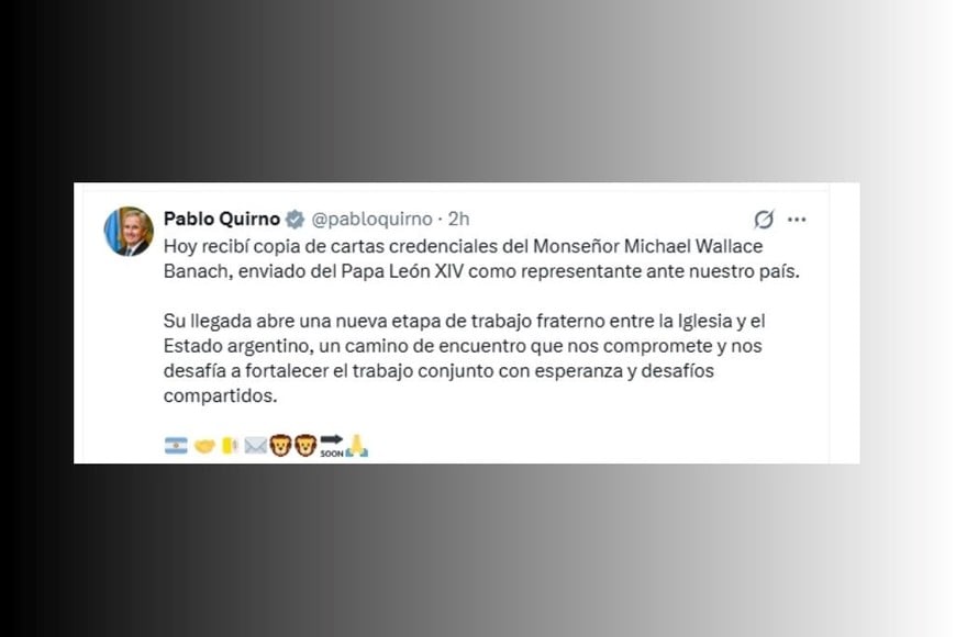 Pablo Quirno compartió en redes el recibimiento del nuevo nuncio apostólico Michael Wallace Banach.