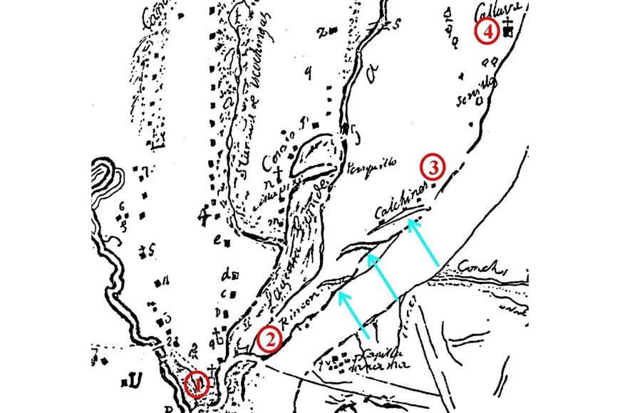 Fragmento del primer plano en el que aparece Santa Fe de la Vera Cruz (número 1), las chacras de Rincón (2), la reducción de Santa Rosa (de Calchines) (3) y Cayastá (4). El mapa es posterior a 1650. Las flechas entre Rincón y Santa Rosa indican tres bajos orientados hacia la “Laguna Grande” (la Setúbal), sin conexión permanente con ella que se corresponderían, de Sur a Norte, con las futuras trazas de los arroyos Potrero y Leyes, y la del bajo al sur de Santa Rosa. Gentileza.