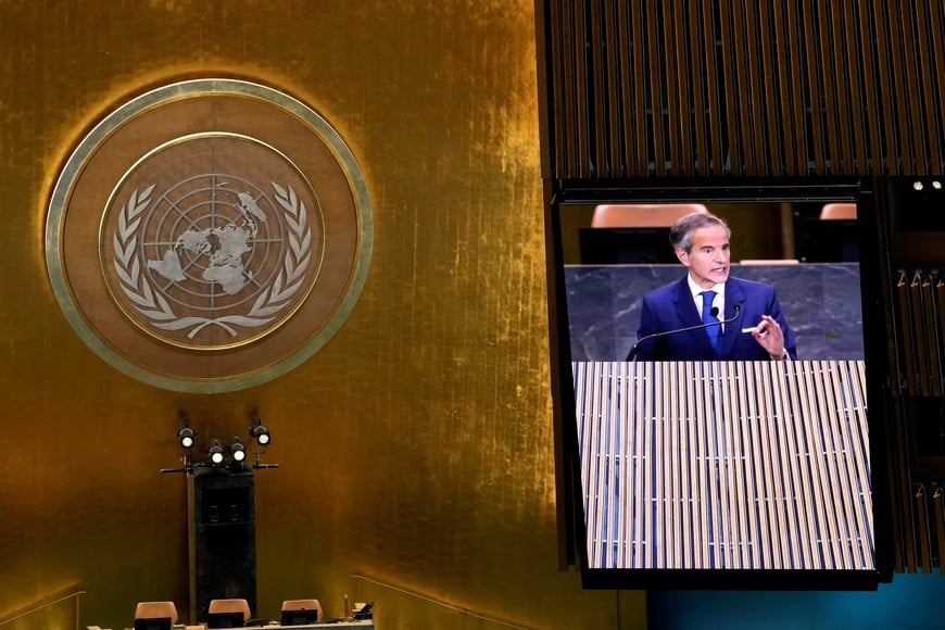 A screen displays candidate for the position of United Nations secretary-general, Rafael Mariano Grossi, as he speaks during the "UN Town Hall: The Next Secretary-General" event at United Nations headquarters in New York City, U.S., July 23, 2026. REUTERS/Eduardo Munoz