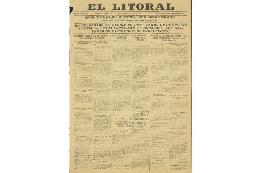 Portada de la edición del 26 de julio de 1929 de diario El Litoral.