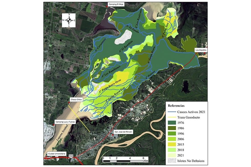 Desarrollo del delta del arroyo Leyes entre 1976 y 2021. Mucho más del 50 % de la superficie lagunar de hace 50 años fue reemplazada por las islas del delta en ese lapso, en detrimento de la capacidad de almacenamiento de aguas de la Setúbal. Gentileza.
