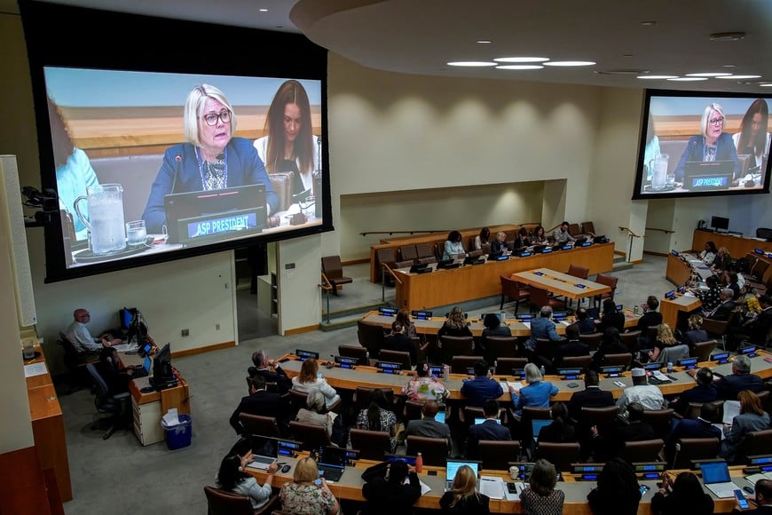 The President of the Assembly of States Parties (ASP) to the International Criminal Court (ICC), Paivi Kaukoranta addresses delegates before a vote on whether to fire chief prosecutor Karim Khan for alleged sexual misconduct at United Nations headquarters in New York City, U.S., July 24, 2026. REUTERS/Eduardo Munoz