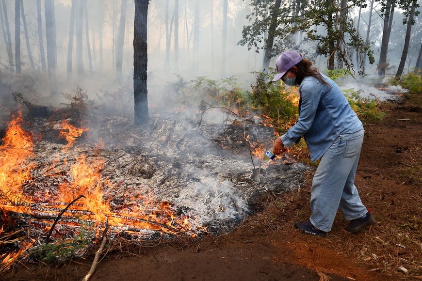A local woman tries to stop the wildfire near Lacanau, amongst worsening drought conditions following a heatwave and water shortages across much of France, July 25, 2026. REUTERS/Abdul Saboor