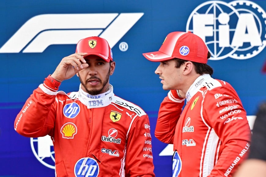 Formula One F1 - Hungarian Grand Prix - Hungaroring, Budapest, Hungary - July 25, 2026
Second placed Ferrari's Lewis Hamilton and third placed Ferrari's Charles Leclerc after qualifying REUTERS/Marton Monus