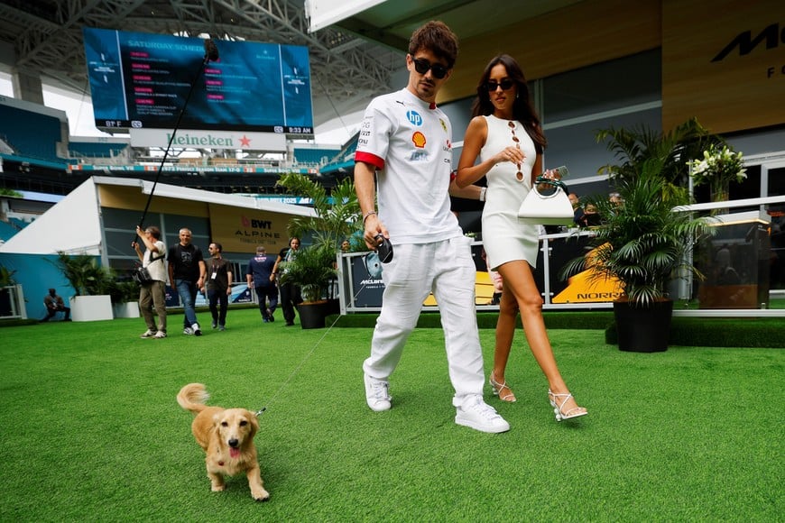 Formula One F1 - Miami Grand Prix - Miami International Autodrome, Miami, Florida, United States - May 3, 2025
Ferrari's Charles Leclerc with girlfriend Alexandra Saint Mleux arrive ahead of the sprint race REUTERS/Brian Snyder
