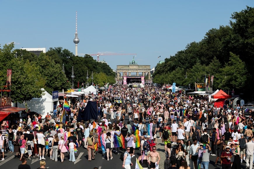 Revellers attend the annual Christopher Street Day (CSD) LGBT Pride demonstration, in Berlin, Germany, July 25, 2026. REUTERS/Maryam Majd