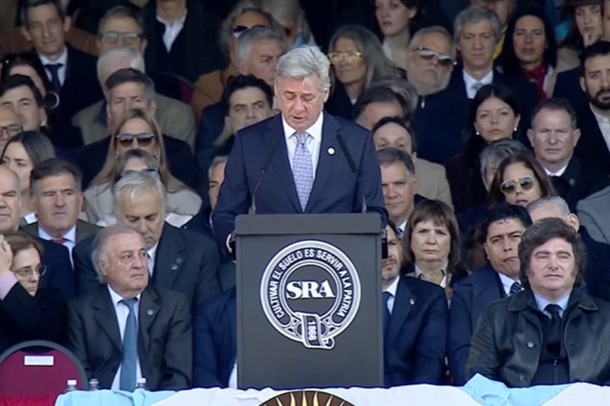 Nicolás Pino, presidente de la Sociedad Rural Argentina, este domingo. Crédito: Presidencia