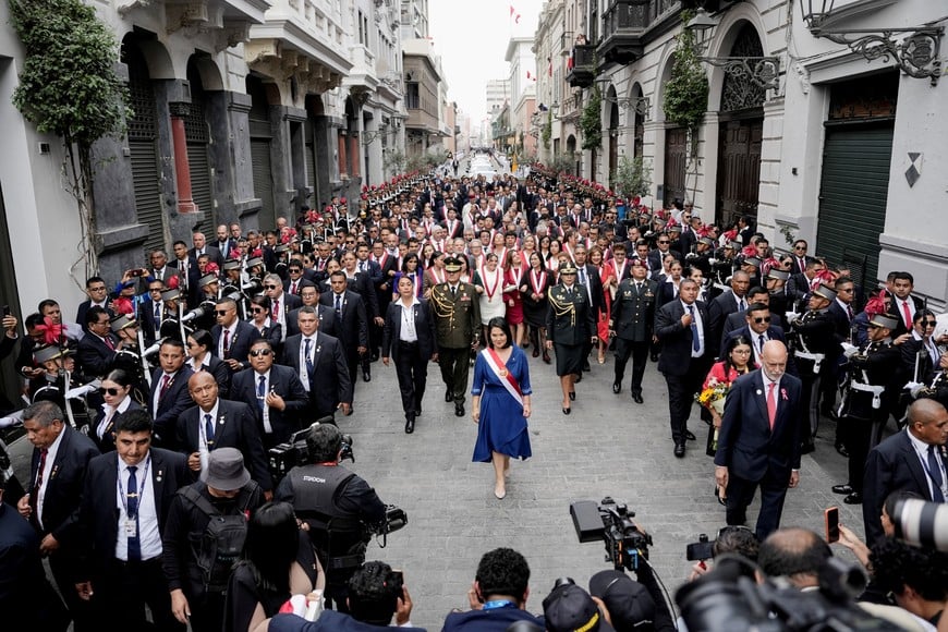 Peru's President Keiko Fujimori steps out of the Congress after being sworn in as the country's new president, in Lima, Peru, July 28, 2026. REUTERS/Angela Ponce