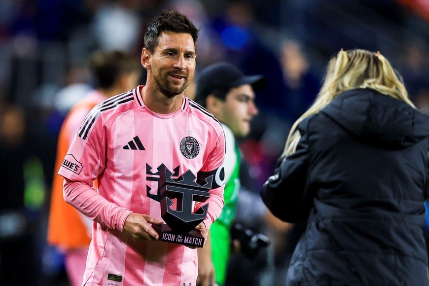 May 13, 2026; Cincinnati, Ohio, USA; Inter Miami CF midfielder Lionel Messi (10) poses for a picture after the victory over FC Cincinnati at TQL Stadium. Mandatory Credit: Katie Stratman-Imagn Images