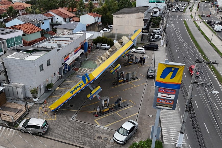 A drone view shows a damaged gas station that collapsed during strong winds in Rio de Janeiro, Brazil July 30, 2026. REUTERS/Pilar Olivares