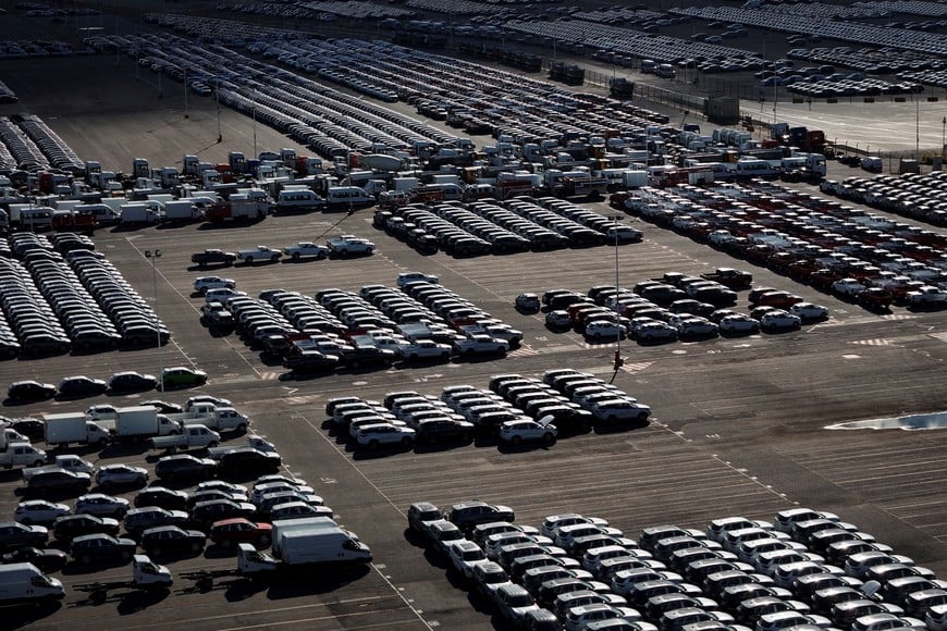 A drone view shows cars from different automakers at the port of Zarate, Argentina, January 19, 2026. REUTERS/Martin Cossarini