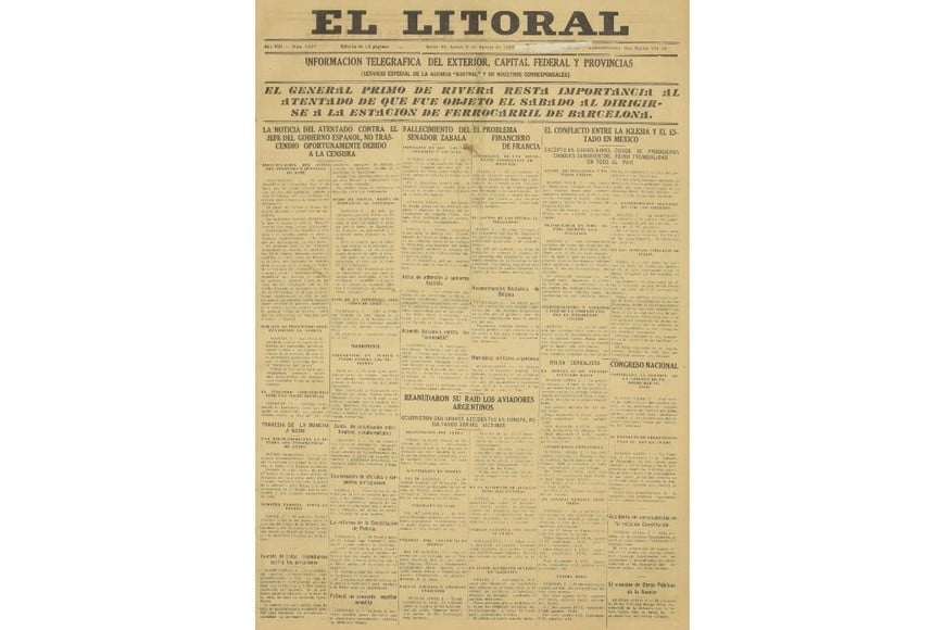 Tapa de la edición del 2 de julio d 1926 de diario El Litoral.