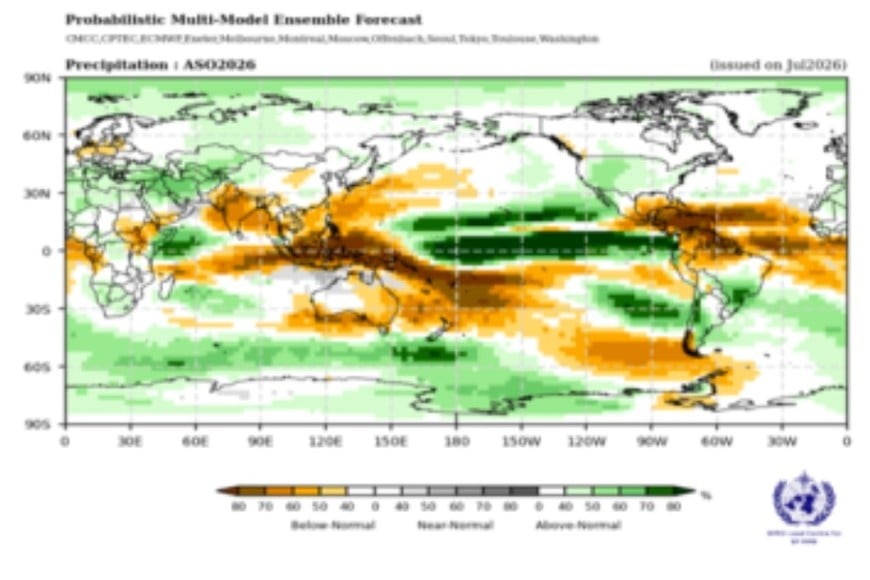 Los mapas de perspectivas estacionales para los meses de agosto a octubre ilustran las probabilidades de que los valores medios de temperatura en superficie (izquierda) y precipitación (derecha) del período analizado sean superiores, cercanos o inferiores a lo normal en relación con la climatología local. Imagen: Organización Meteorológica Mundial.