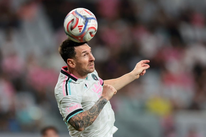 Aug 1, 2026; Miami, Florida, USA; Inter Miami CF forward Lionel Messi (10) hits a header against the Columbus Crew during the second half at Nu Stadium. Mandatory Credit: Sam Navarro-Imagn Images