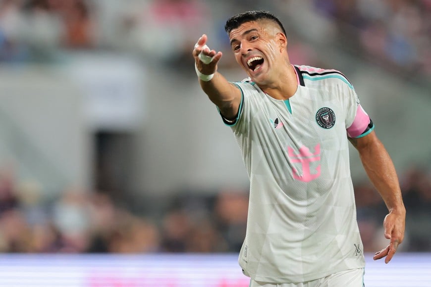 Aug 1, 2026; Miami, Florida, USA; Inter Miami CF forward Luis Suarez (9) reacts against the Columbus Crew during the first half at Nu Stadium. Mandatory Credit: Sam Navarro-Imagn Images