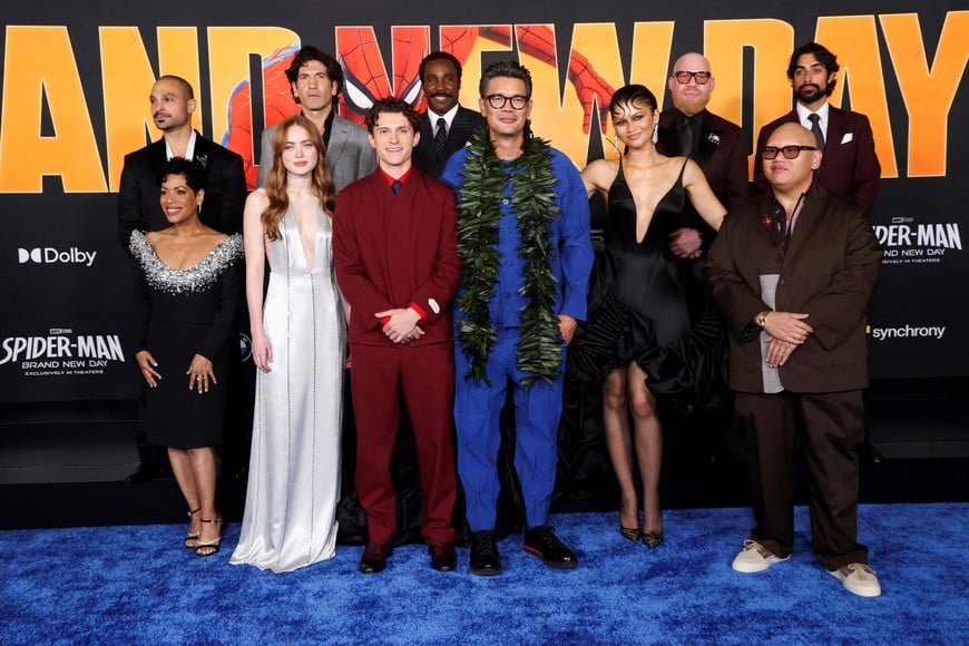 FILE PHOTO: Director Destin Daniel Cretton poses with cast members Sadie Sink, Tom Holland, Zendaya, Jacob Batalon, Krondon, Michael Mando, Liza Colon-Zayas, Tramell Tillman, and Jon Bernthal as they attend the world premiere for the film Spider-Man: Brand New Day in Los Angeles, California, U.S., July 27, 2026. REUTERS/Mario Anzuoni/File Photo