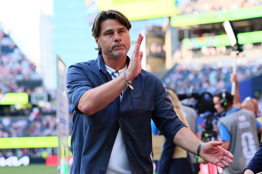 Soccer Football - FIFA World Cup 2026 - Round of 16 - United States v Belgium - Seattle Stadium, Seattle, Washington, U.S. - July 6, 2026
U.S. coach Mauricio Pochettino looks dejected after the match following their elimination from the World Cup IMAGN IMAGES via Reuters/Blake Dahlin