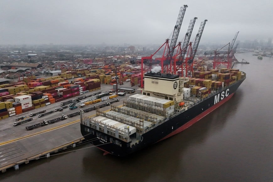 A drone view shows a cargo vessel and containers at the Dock Sud Port during a maritime workers strike, in Avellaneda, Buenos Aires province, August 4, 2026. REUTERS/Agustin Marcarian