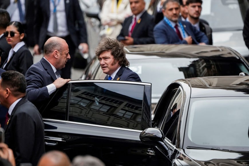 Argentina's President Javier Milei arrives at Torre Tagle Palace, on the day of Peru's President-elect Keiko Fujimori swearing-in ceremony, in Lima, Peru, July 28, 2026. REUTERS/Angela Ponce