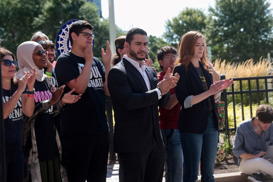Abdul El-Sayed, winner of Michigan U.S, Democratic primary, waits to speak during a press conference in Detroit, Michigan, U.S. August 5, 2026.  REUTERS/Rebecca Cook