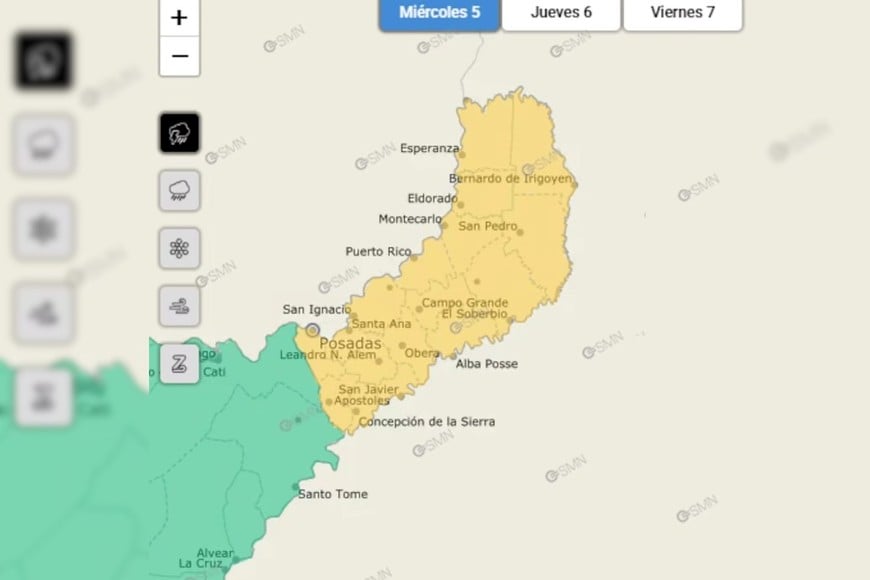 Las zonas afectadas por tormentas para este miércoles.