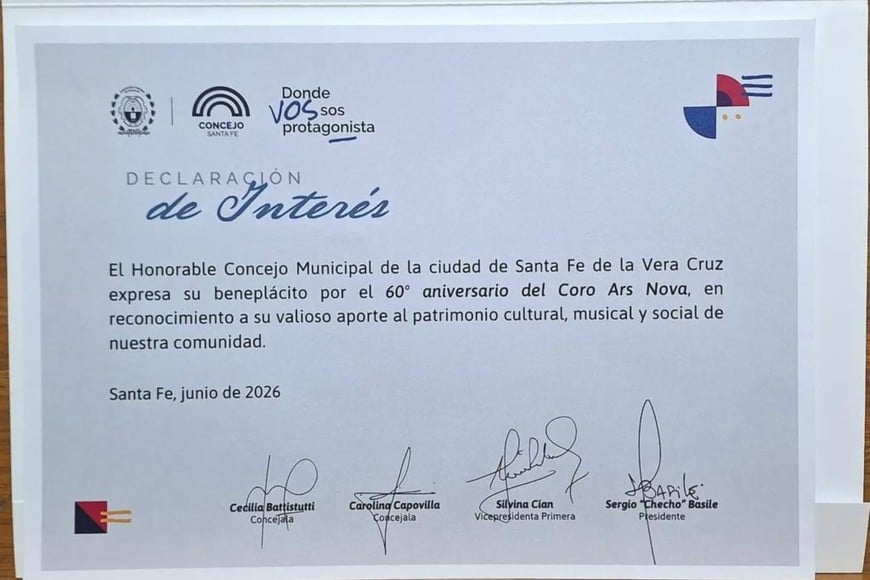 Declaración de interés del Concejo Municipal del 60° aniversario de la Agrupación Coral Ars Nova