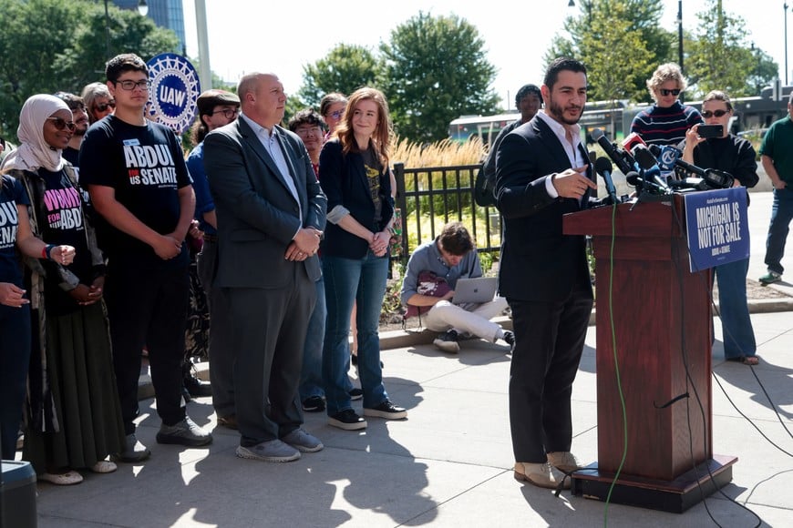 Abdul El-Sayed, winner of Michigan U.S, Democratic primary, speaks during a press conference in Detroit, Michigan, U.S. August 5, 2026.  REUTERS/Rebecca Cook