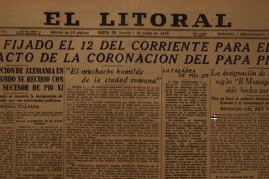 La coronación de Pío XII en 1939 reflejada por El Litoral. Foto: Archivo El Litoral / Hemeroteca Digital Castañeda