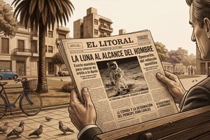 Recreación hecha con IA, el diario y un lector en una plaza pública.