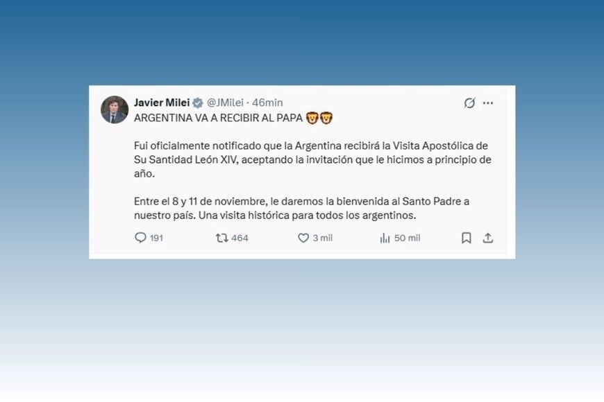 Javier Milei celebró en sus redes sociales la confirmación de la visita apostólica del papa León XIV a la Argentina.
