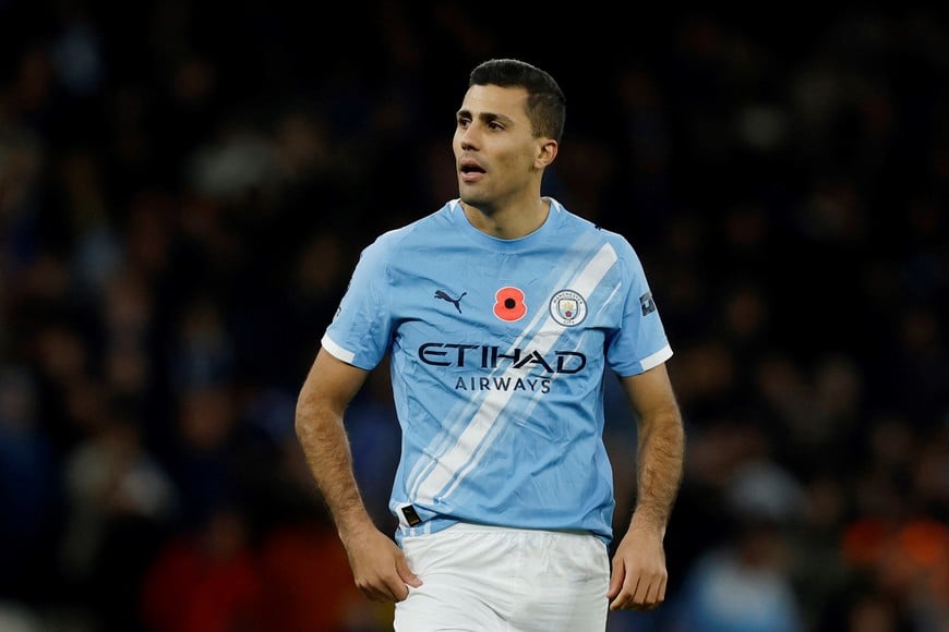 Soccer Football - Premier League - Manchester City v AFC Bournemouth - Etihad Stadium, Manchester, Britain - November 2, 2025
Manchester City's Rodri Action Images via Reuters/Jason Cairnduff EDITORIAL USE ONLY. NO USE WITH UNAUTHORIZED AUDIO, VIDEO, DATA, FIXTURE LISTS, CLUB/LEAGUE LOGOS OR 'LIVE' SERVICES. ONLINE IN-MATCH USE LIMITED TO 120 IMAGES, NO VIDEO EMULATION. NO USE IN BETTING, GAMES OR SINGLE CLUB/LEAGUE/PLAYER PUBLICATIONS. PLEASE CONTACT YOUR ACCOUNT REPRESENTATIVE FOR FURTHER DETAILS..