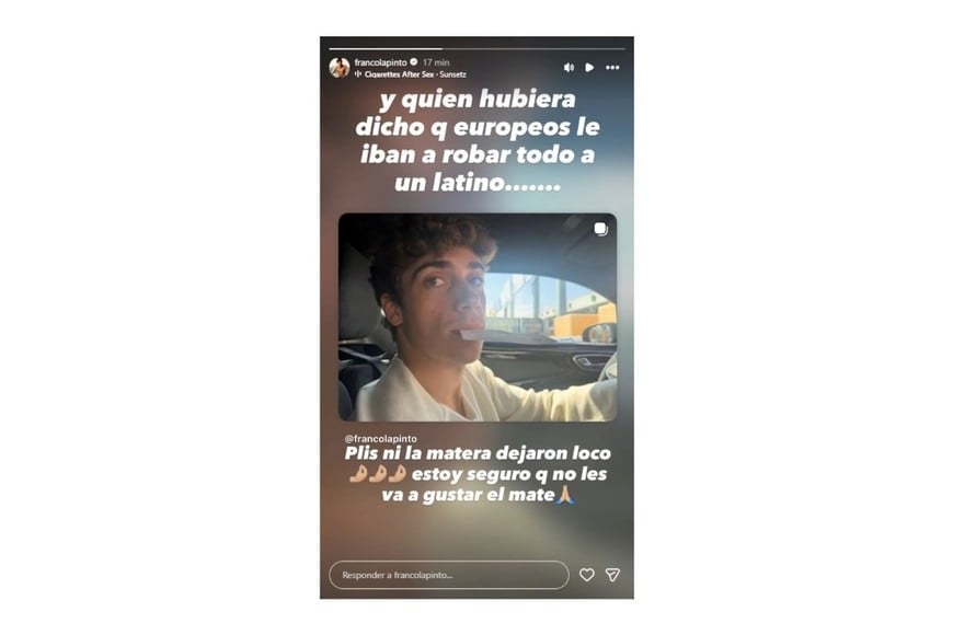 Franco Colapinto denunció que le sustrajeron ropa, pertenencias personales y su matera en Italia.