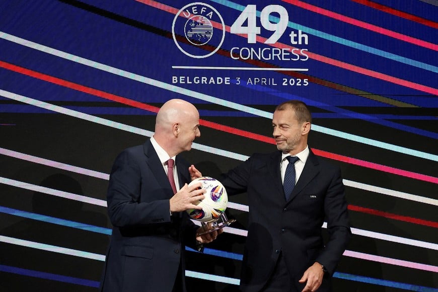 FILE PHOTO: Soccer Football - 49th UEFA Ordinary Congress - Sava Congress Centar, Belgrade, Serbia - April 3, 2025
FIFA President Gianni Infantino and UEFA President Aleksander Ceferin during the congress REUTERS/Zorana Jevtic/File Photo