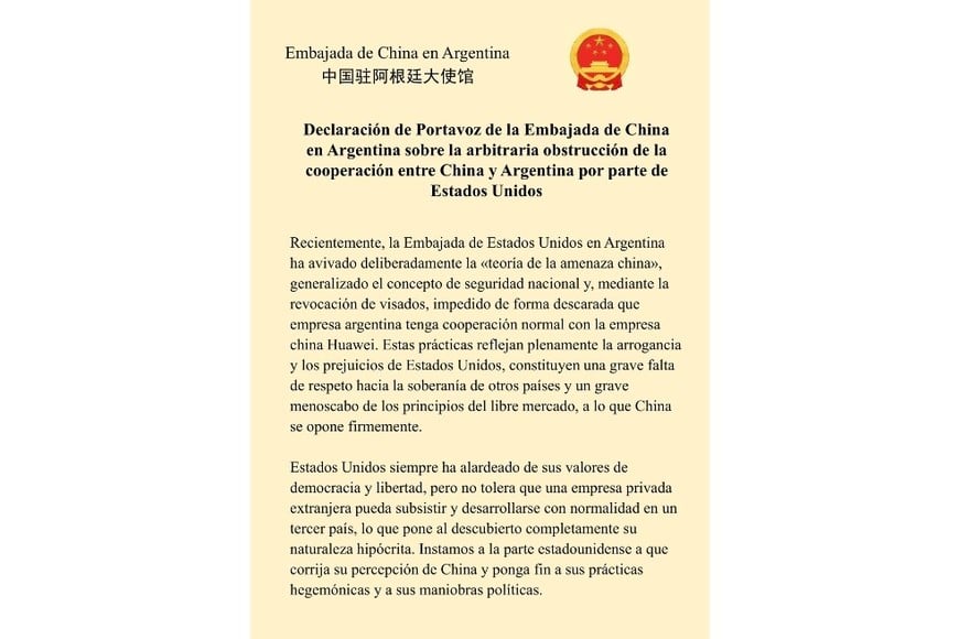 El comunicado de la Embajada de China en Estados Unidos.