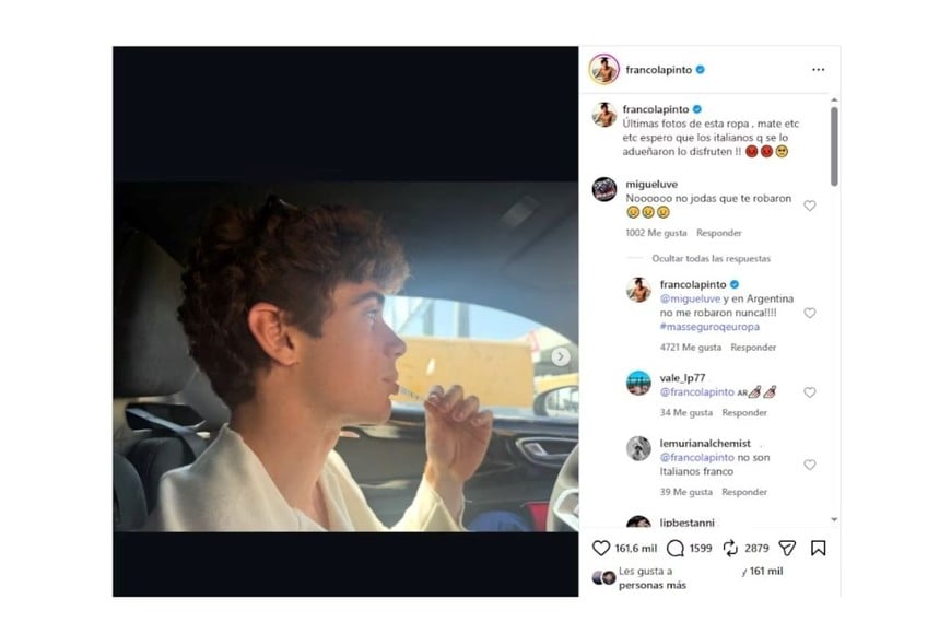 Franco Colapinto denunció que le sustrajeron ropa, pertenencias personales y su matera en Italia.