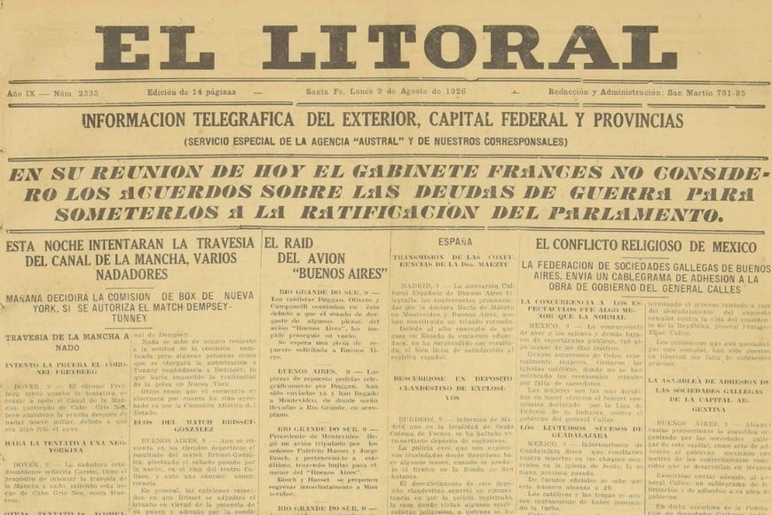 Tapa del diario El Litoral del 9 de agosto de 1926 (detalle).