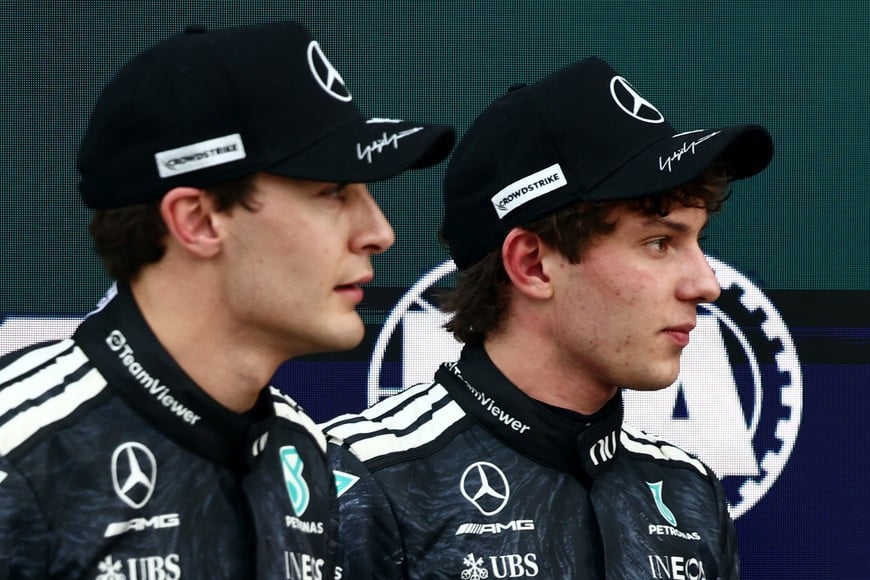 Formula One F1 - Japanese Grand Prix - Suzuka Circuit, Suzuka, Japan - March 28, 2026
Mercedes' Andrea Kimi Antonelli celebrates after qualifying in pole position with second placed Mercedes' George Russell REUTERS/Jakub Porzycki