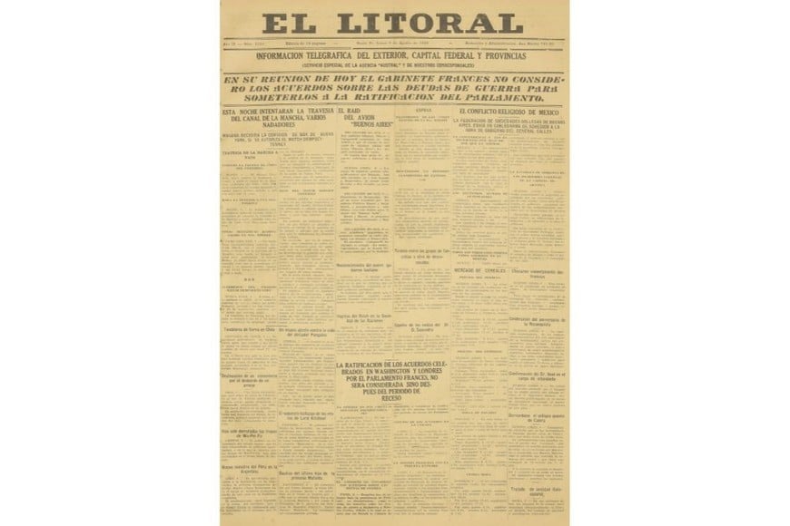 Tapa del diario El Litoral del 9 de agosto de 1926.