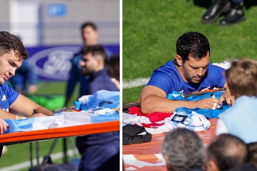 Efraín Elías y Matías Moroni firman camisetas a los fanáticos. Ambos estarán como relevos y pueden ser un gran aporte para el equipo argentino. Fotos: Fernando Nicola-El Litoral.